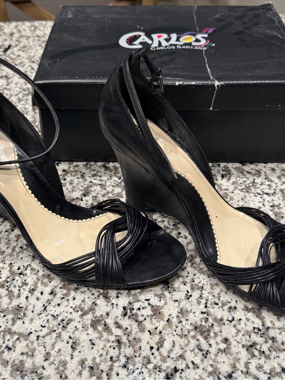 Carlos Santana Black Strappy Wedge Heels with Ankle Strap